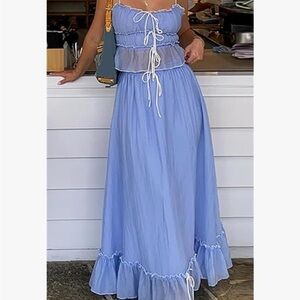 NEW 2 Piece Front Tie-Up Camisoles and Ruched Ruffle Maxi Skirt Matching Set